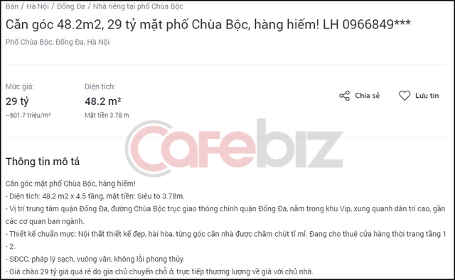 Một căn nhà trên phố Chùa Bộc được rao với giá "khủng"