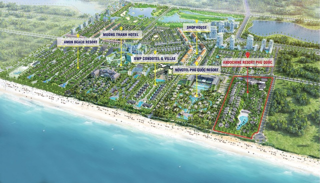 Quần thể biệt thự biển Andochine Phú Quốc nằm ngay tại Bãi Trường nhưng sở hữu riêng 150m đường biển riêng tư và nhiều tiện ích ấn tượng