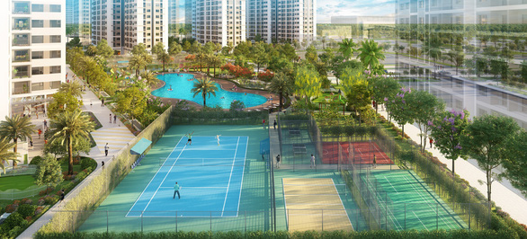 Sân chơi thể thao nằm bên cạnh bể bơi trong nội khu dự án