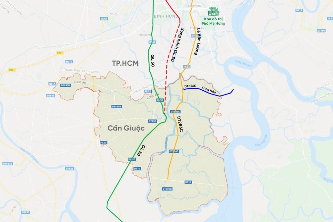 4 công trình giao thông trọng điểm kết nối trực tiếp TP HCM - Cần Giuộc được ưu tiên triển khai trong thời gian sắp tới. Ảnh: Google Maps.