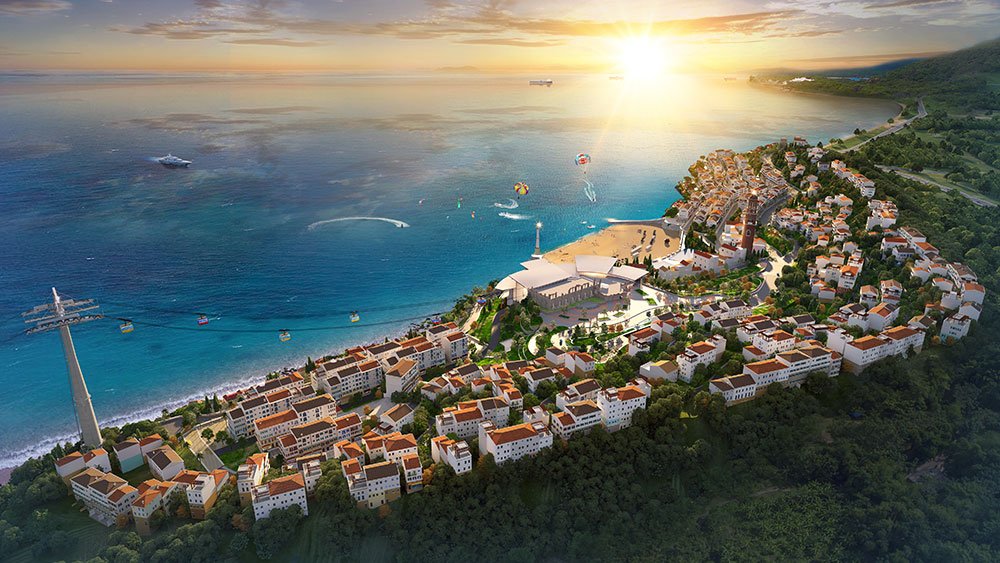 Tổng thể dự án shophouse Sun Premier Village Primavera mang đậm phong cách Địa Trung Hải bên bờ biển.