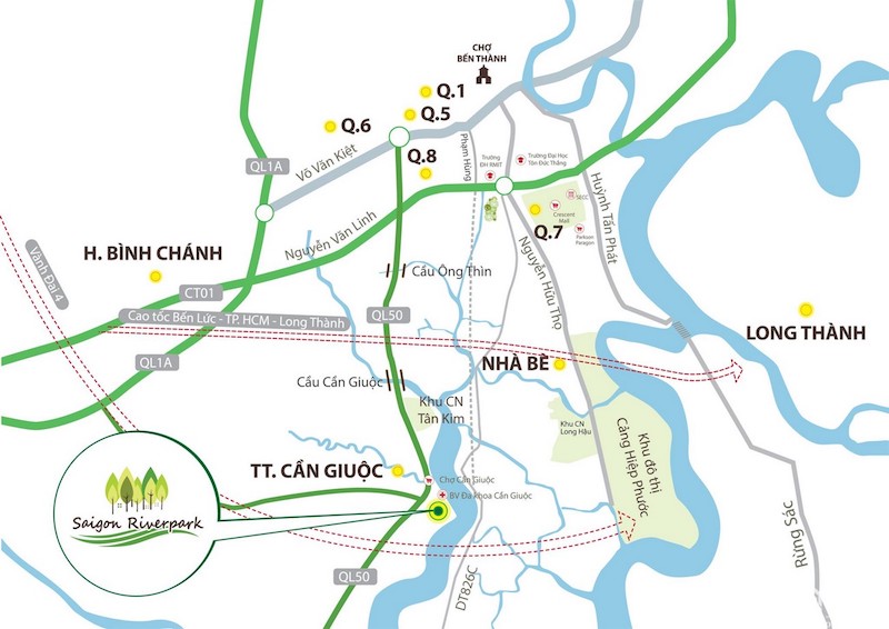 Vị trí địa chỉ dự án đất nền Saigon Riverpark Cần Giuộc Đường Quốc lộ 50 chủ đầu tư Tân Phú Thịnh