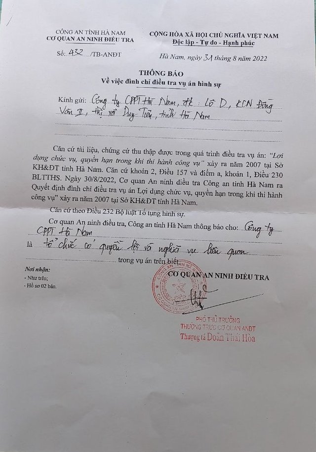 Công an tỉnh Hà Nam dừng điều tra vụ án lợi dụng chức vụ quyền hạn xảy ra tại Sở Kế hoạch và Đầu tư - Ảnh 1.