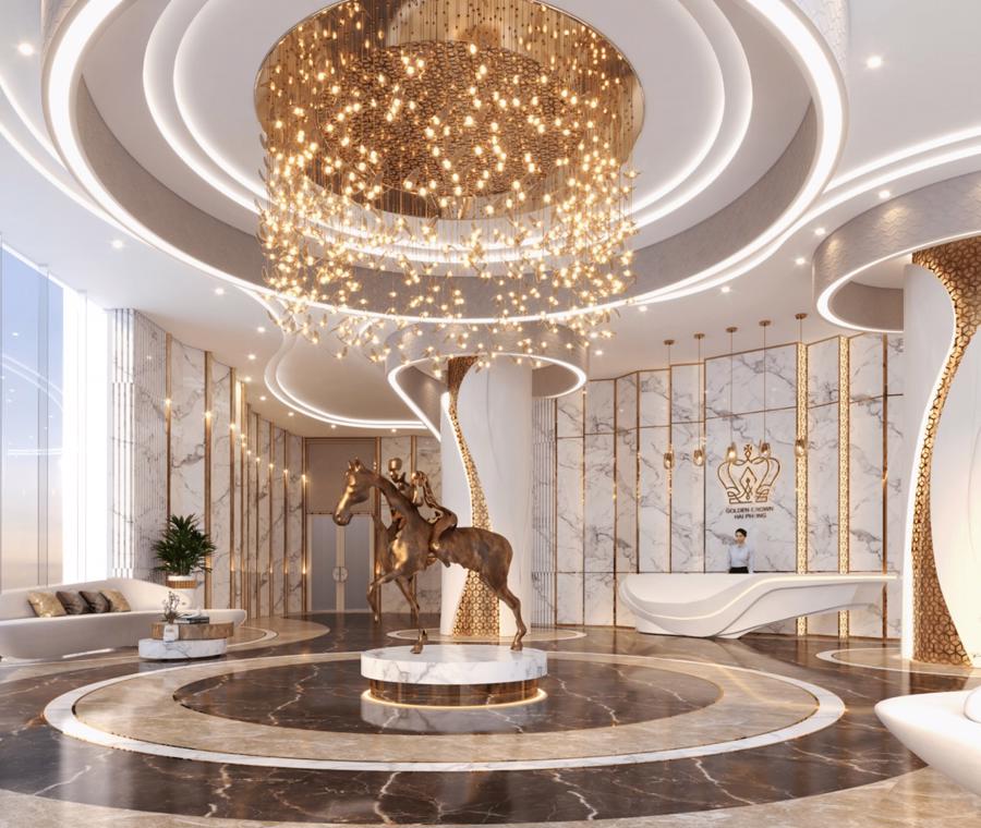Sảnh vàng vương giả tại Golden Crown Hải Phòng được thiết kế tinh tế với trải nghiệm dịch vụ như khách sạn 5 sao, khách sạn 5 sao.  Kiến trúc phức tạp của các tòa nhà ban đầu.